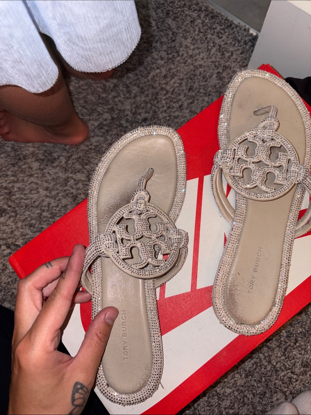Tory Burch Crystal-Embellished Champagne Miller Slide Sandals 7.5Women - Picture 2 of 9